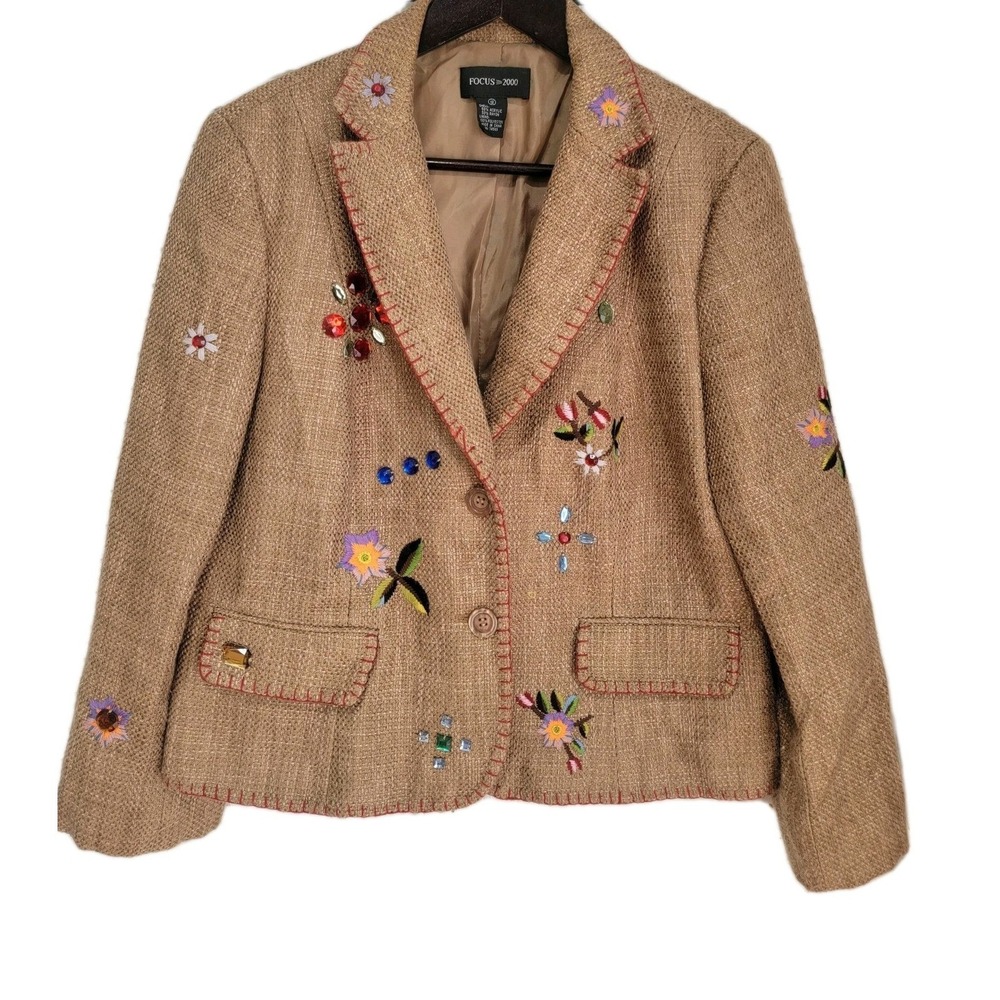 VTG Y2K Tweed Blazer Focus 2000 Womens Sz Embroidered Gems Boho Western Fall